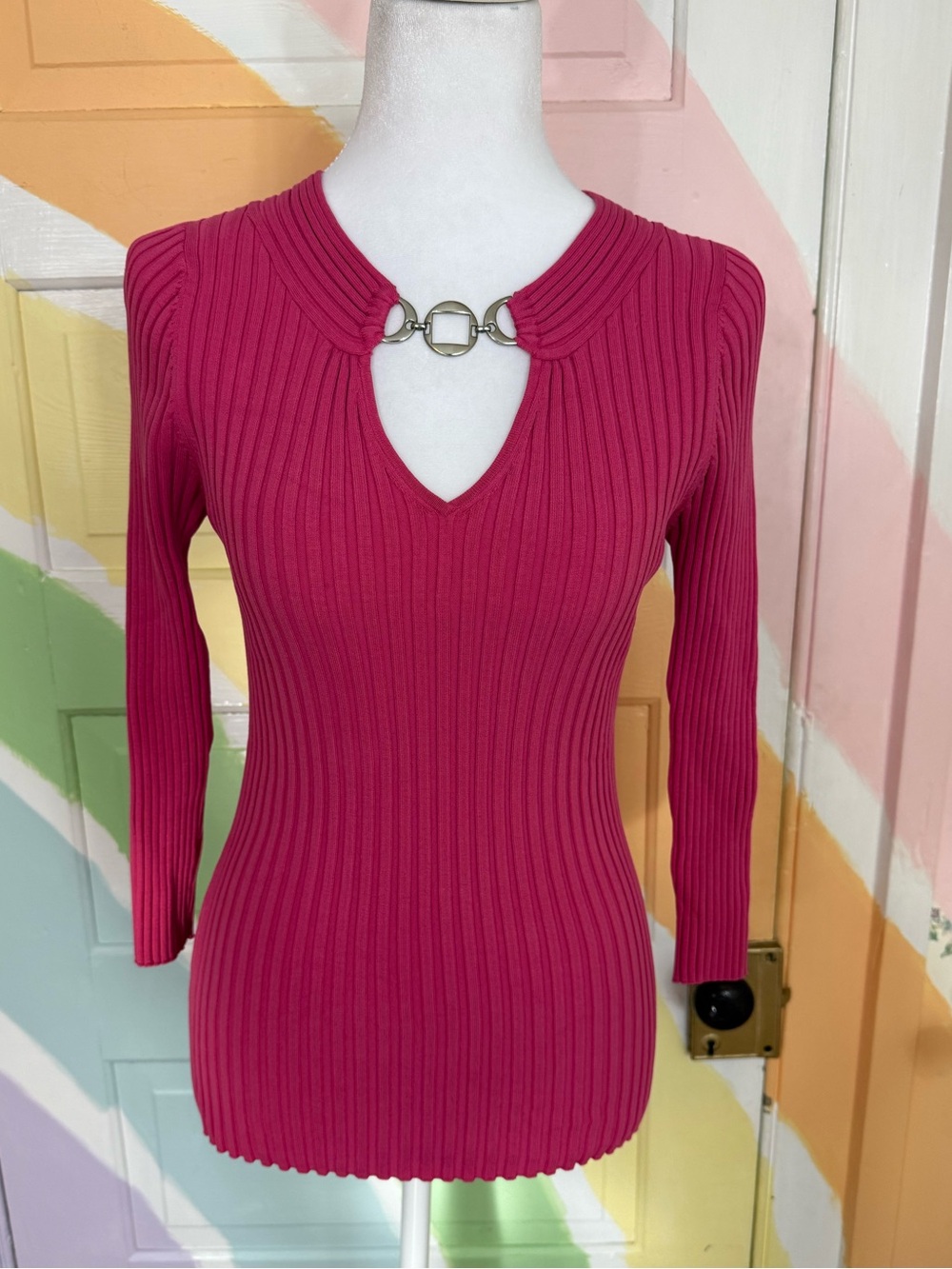 Vintage Cache Barbie Pink Ribbed Sweater Y2K Barbiecore Pink Knit Top Sz M 💛🍄